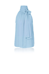 Sleeveless Silk Tie-Neck Blouse in Powder Blue