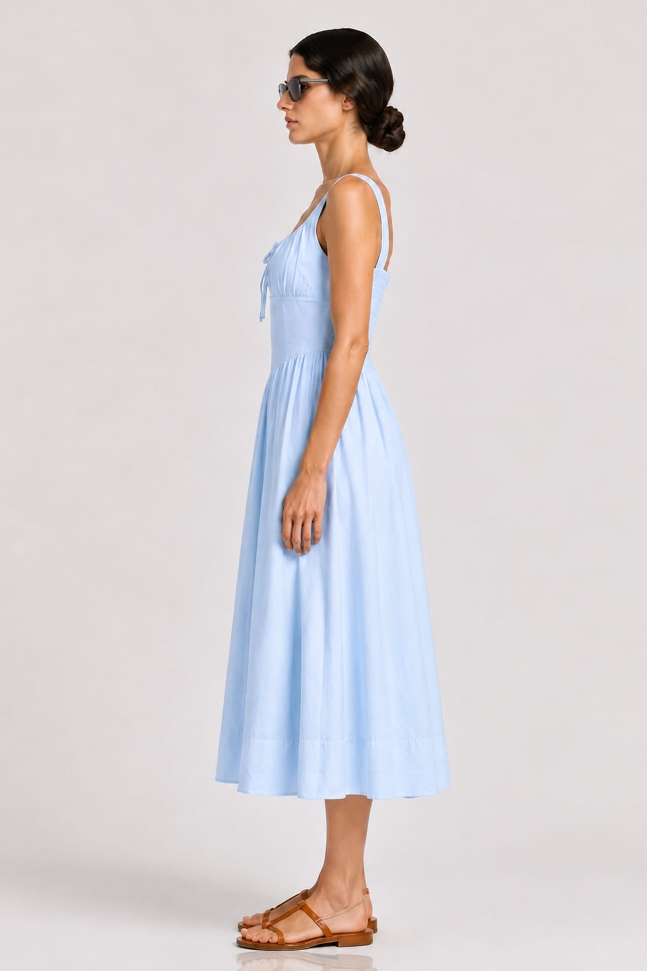 Sky Blue Linen Corset Midi Dress with Square Neckline – Bridal Shower Dress