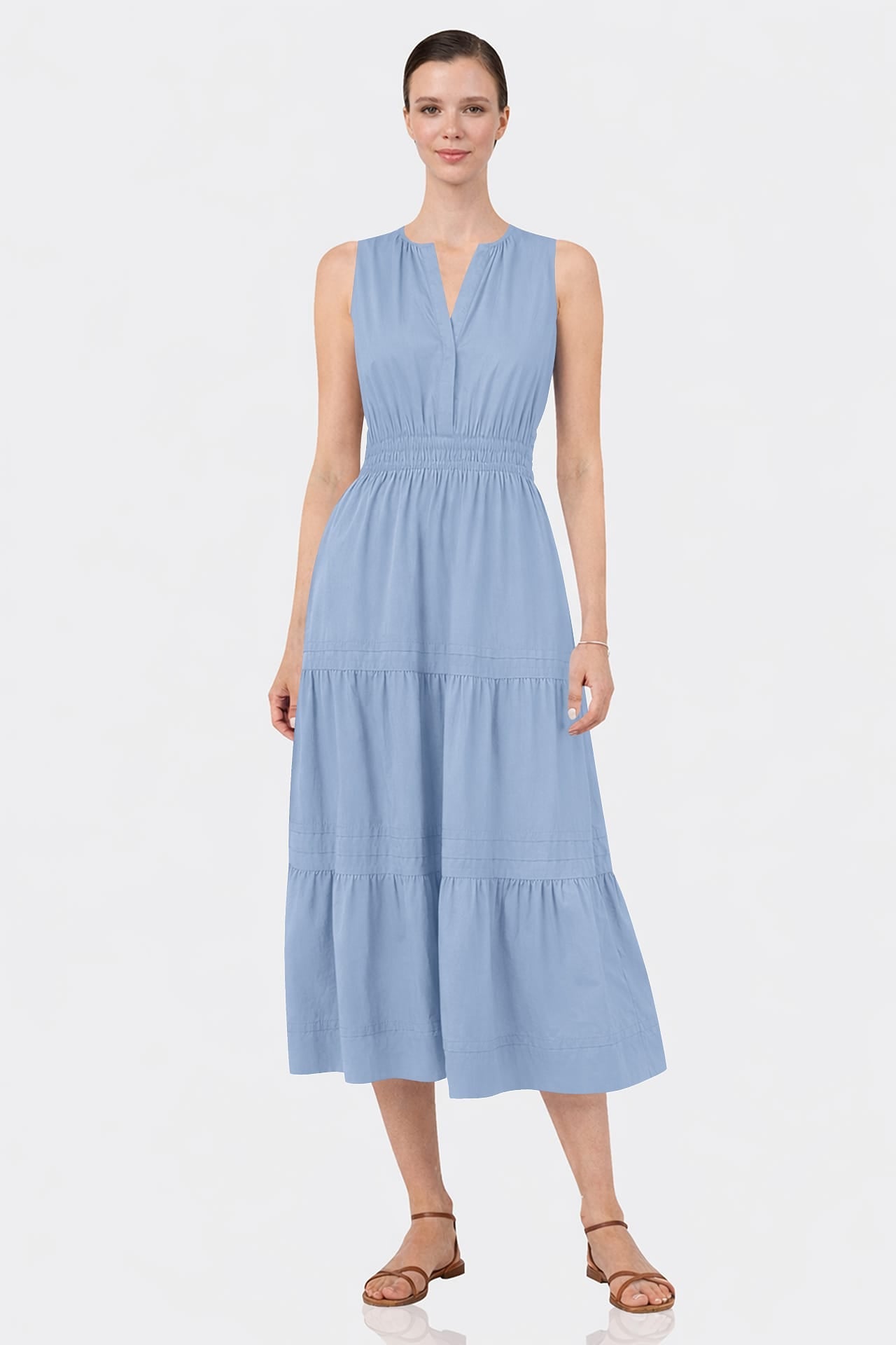 Steel Blue Cotton Poplin Midi Dress for Women – Elegant Daytime Dress