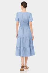 Steel Blue Tiered Midi Dress with Elastic Waist – Resort Wear Midi Dress