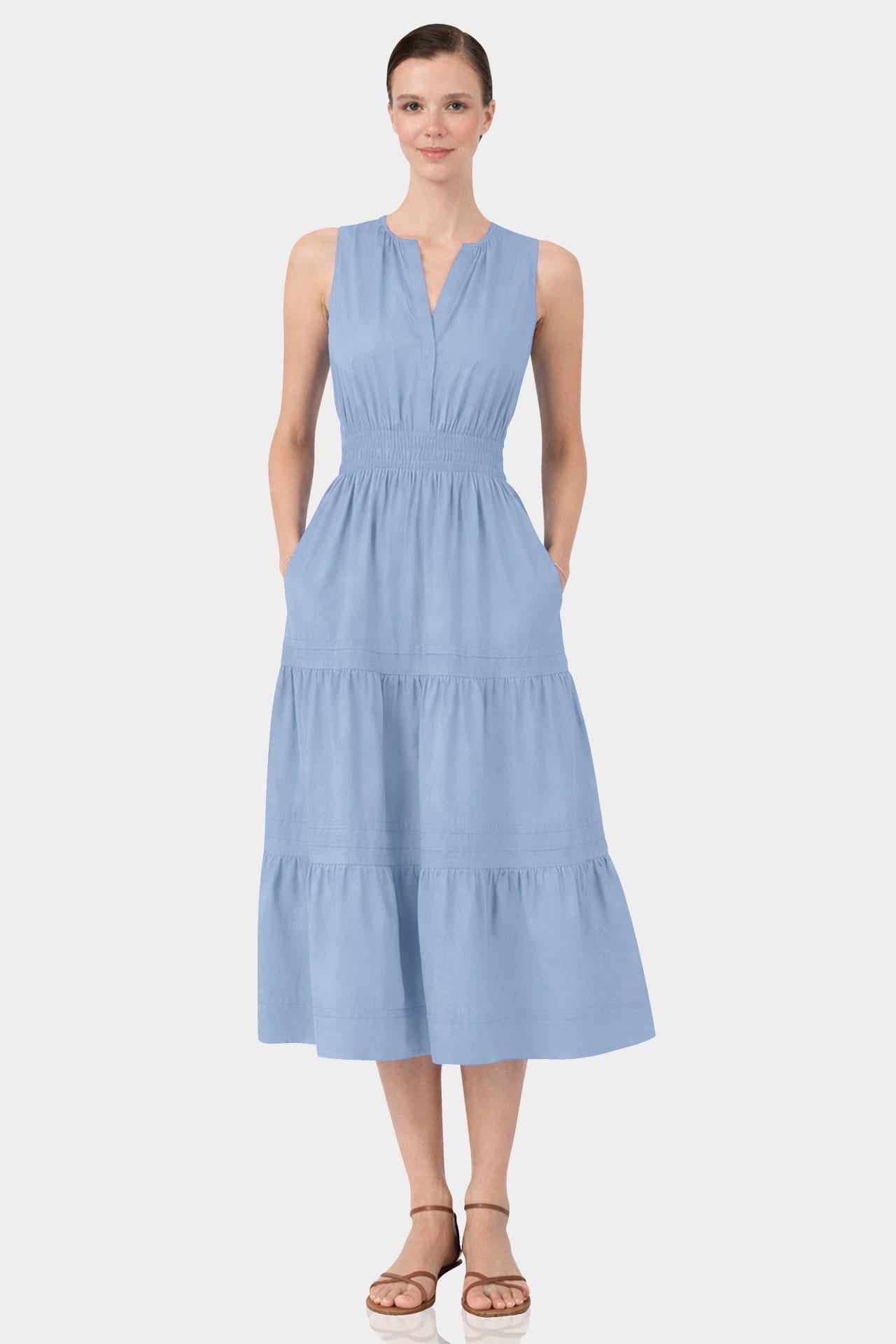 Steel Blue Cotton Poplin Midi Dress for Women – Elegant Daytime Dress