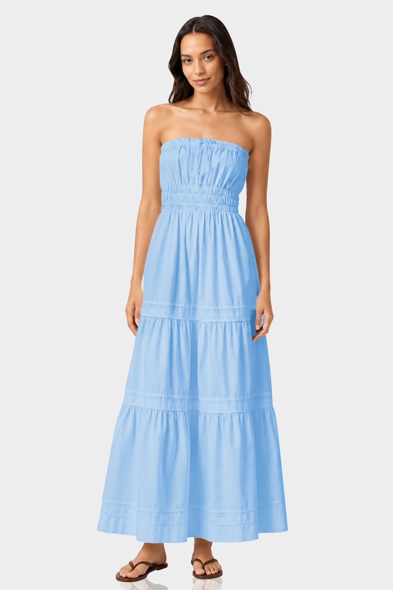 Sky Blue Tiered Cotton Maxi Dress with Smocked Waist – Vacation Dress for Women