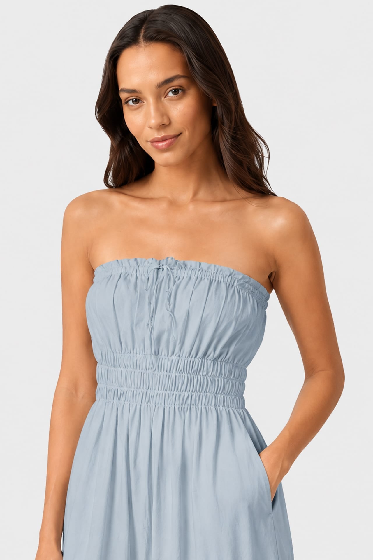 Dusty Blue Strapless Flowy Cotton Maxi Dress for Destination Weddings