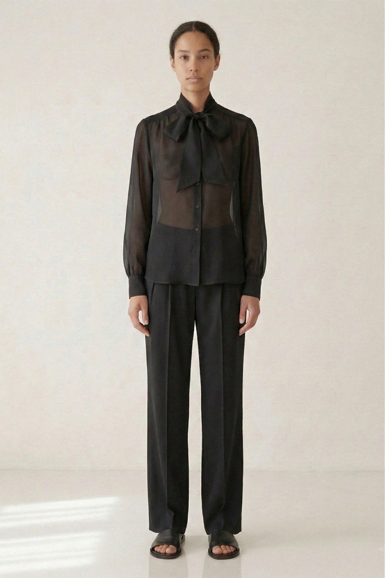 Black Sheer Organza Bow Tie-Neck Shirt