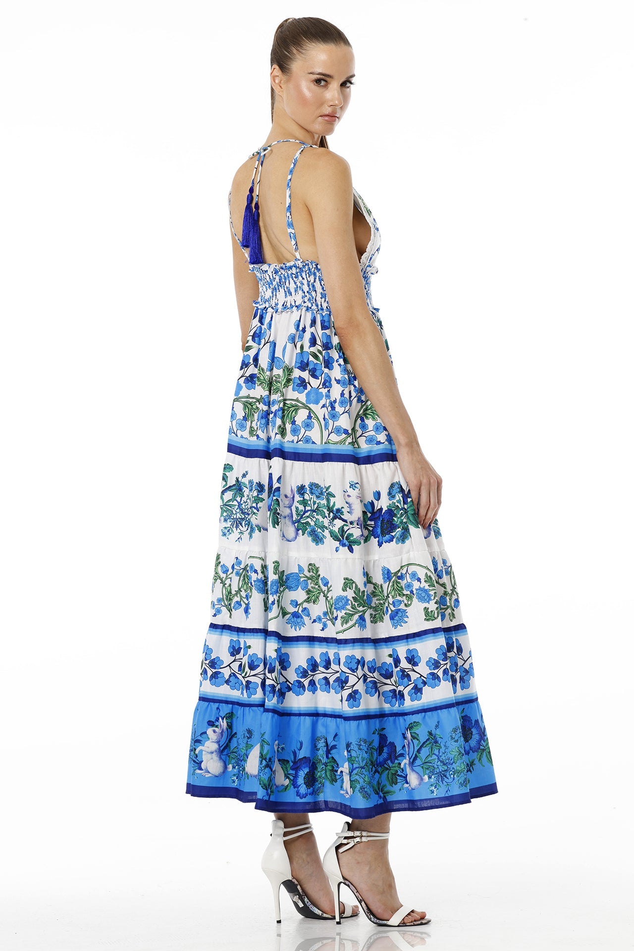 White & Blue Floral Sleeveless Deep Plunge Voile Maxi Dress with Guipure Lace