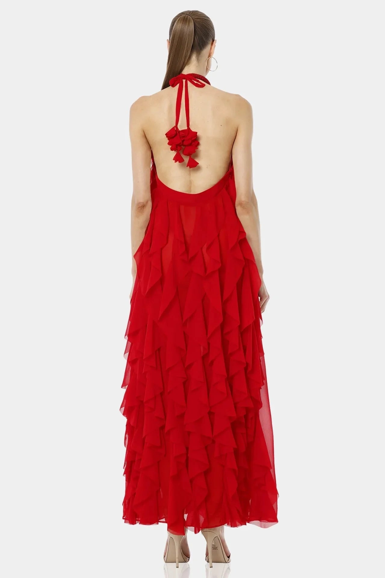 Chili Red Floor Length Backless Ruffle Dress
