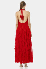 Chili Red Floor Length Backless Ruffle Dress