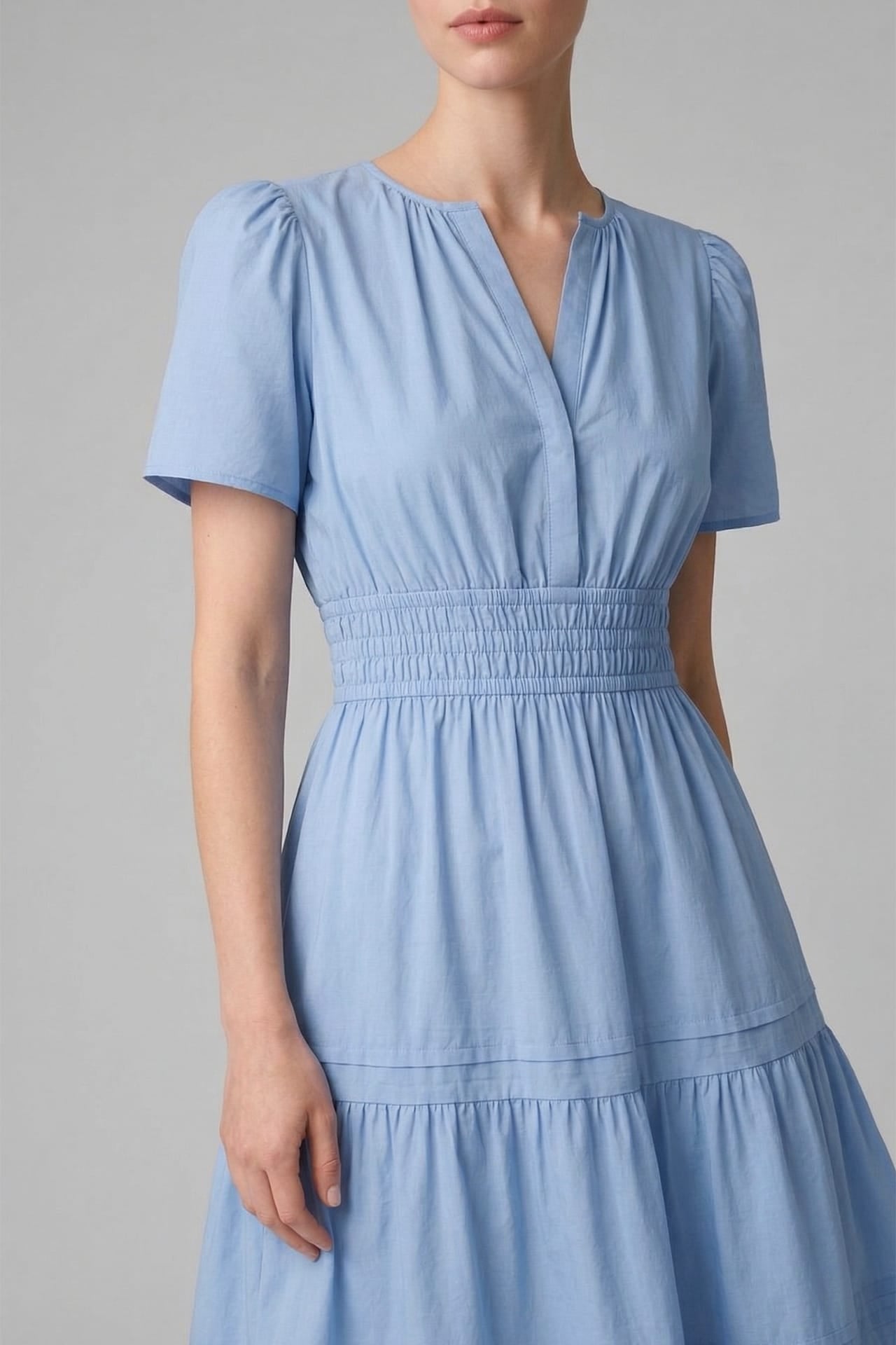 Powder Blue Smocked Waist Tiered Cotton Midi Dress for Women – Fit-and-Flare Dress