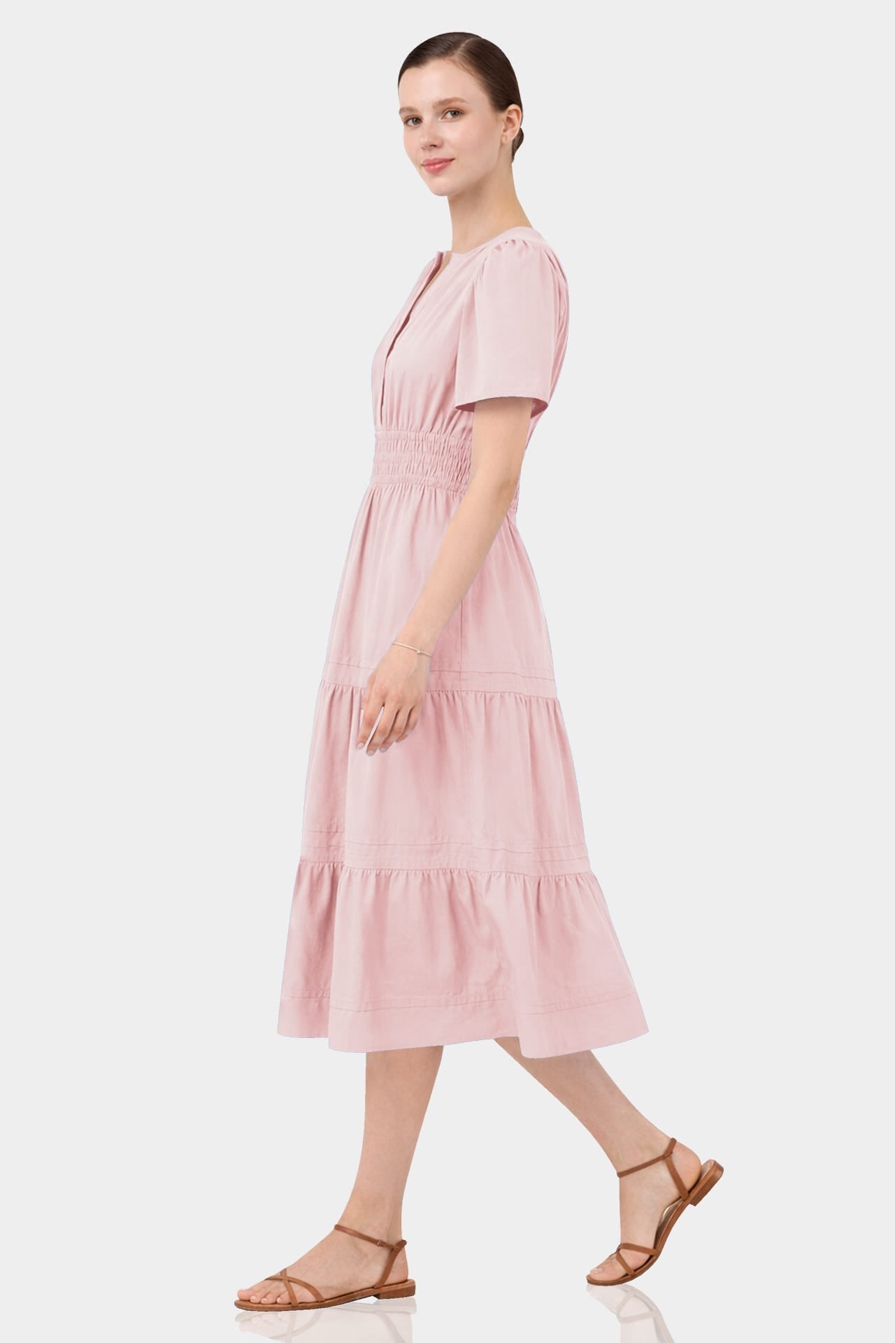 Blush Pink Smocked Waist Midi Day Dress for Women