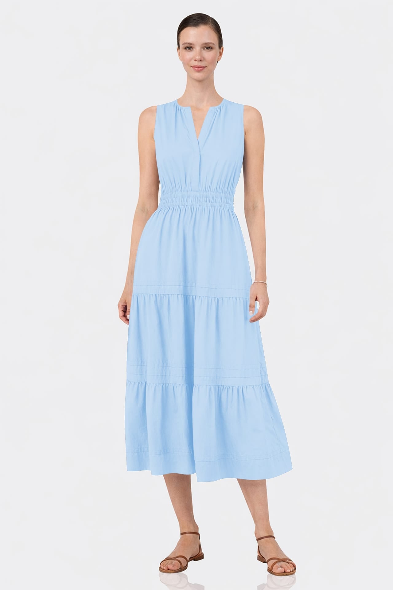 Sky Blue Smocked Waist Cotton Midi Dress for Women – Vacation Ready Midi Dress
