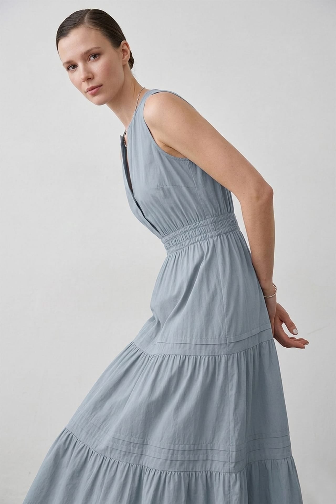 Dusty Blue Sleeveless Cotton Poplin Midi Dress – Business Casual Midi Dress