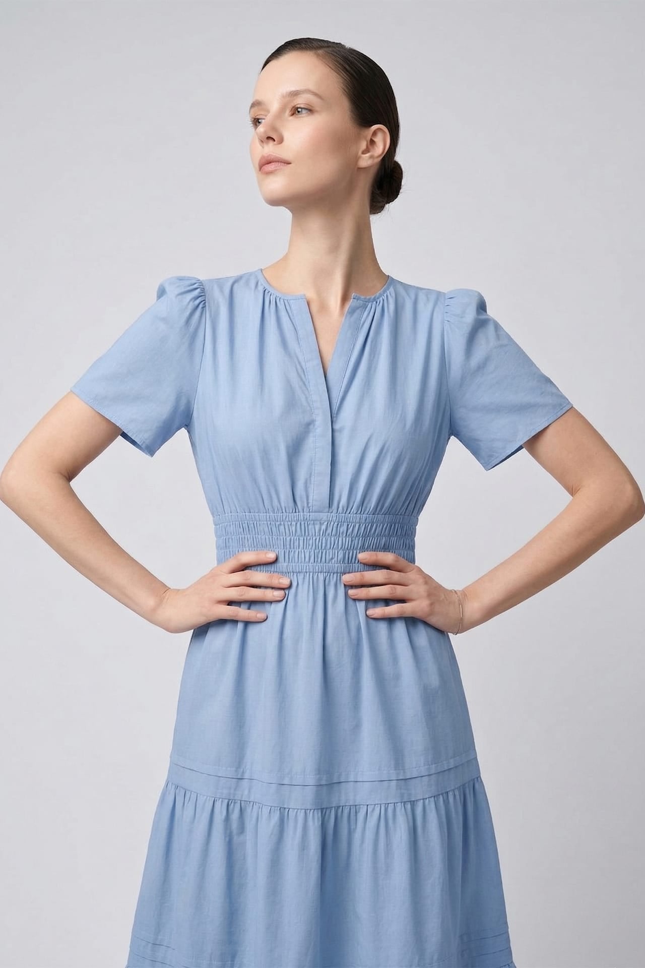 Steel Blue Tiered Midi Dress with Elastic Waist – Resort Wear Midi Dress