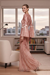 Blush Bow Tie Bell Sleeves Embellished Gown