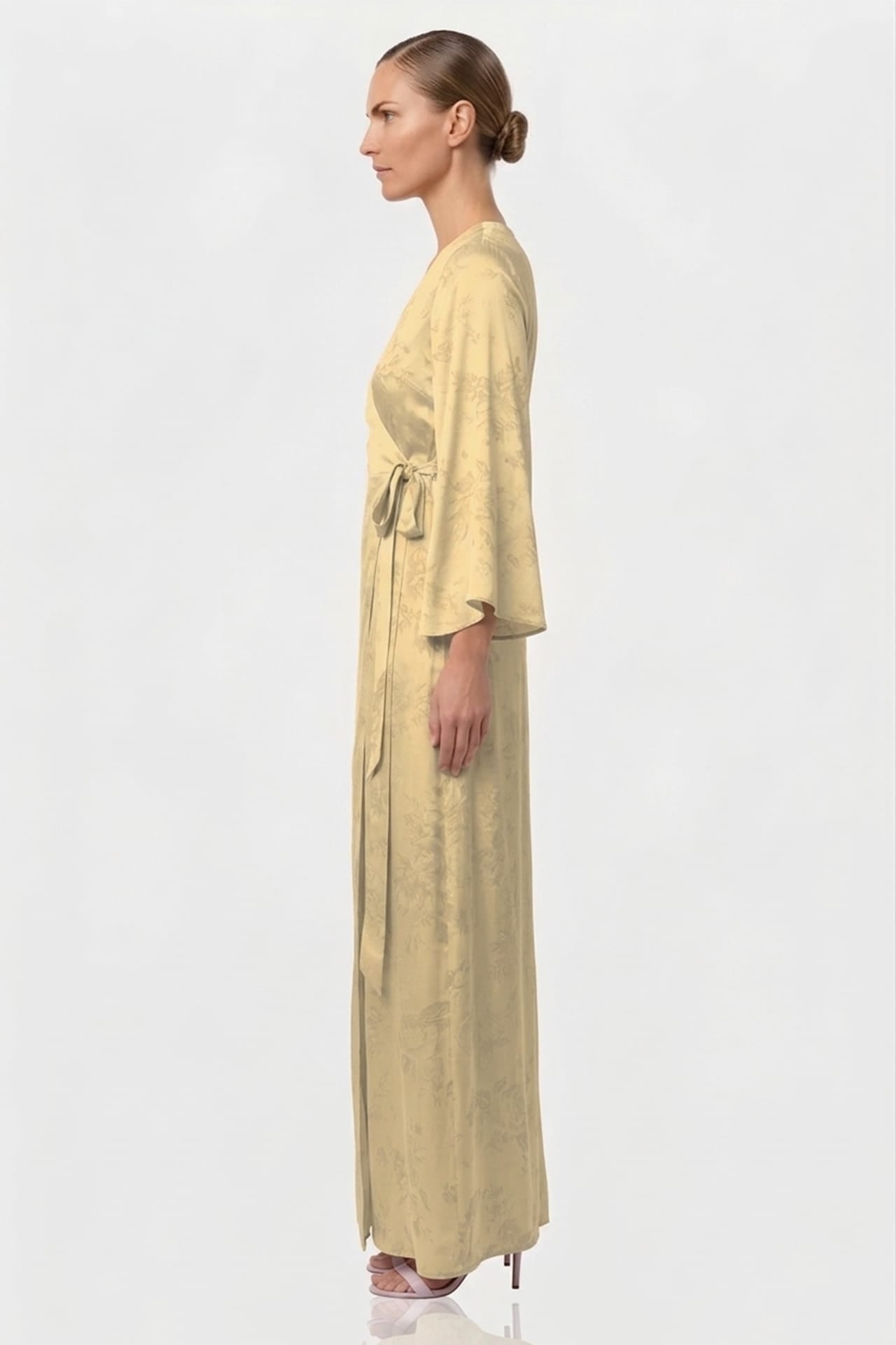 Champagne Floral Satin Wrap Maxi Dress for Garden Parties
