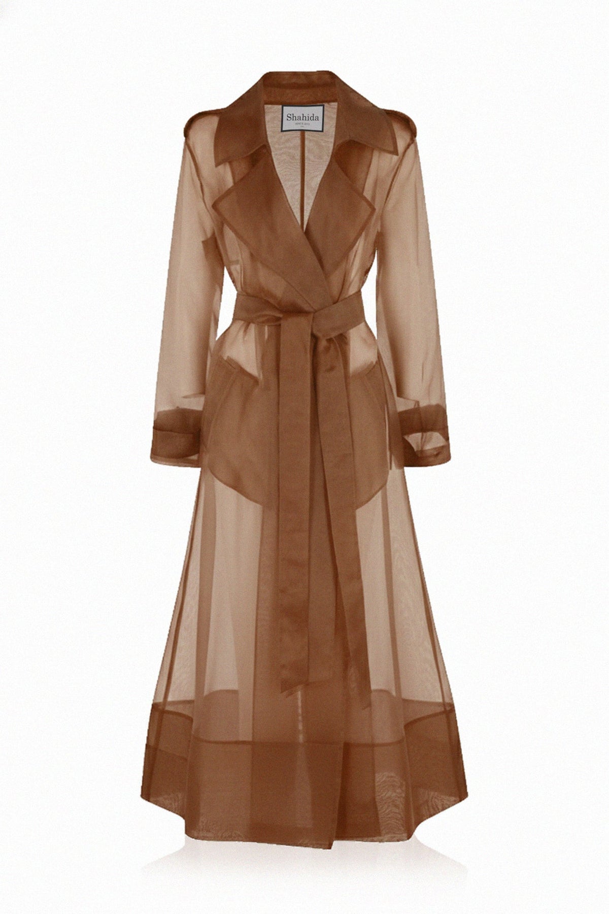 Brown Sheer Silk Organza Trench Coat – Lightweight Wedding & Evening Layer