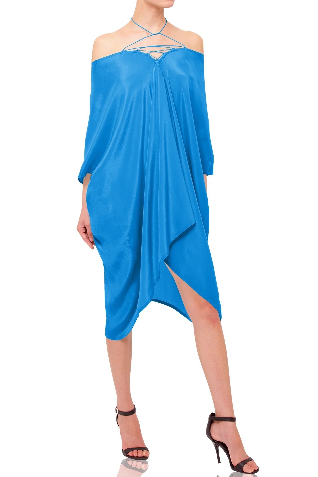Cobalt Blue Viscose Silk Off-Shoulder Kaftan Cover-Up
