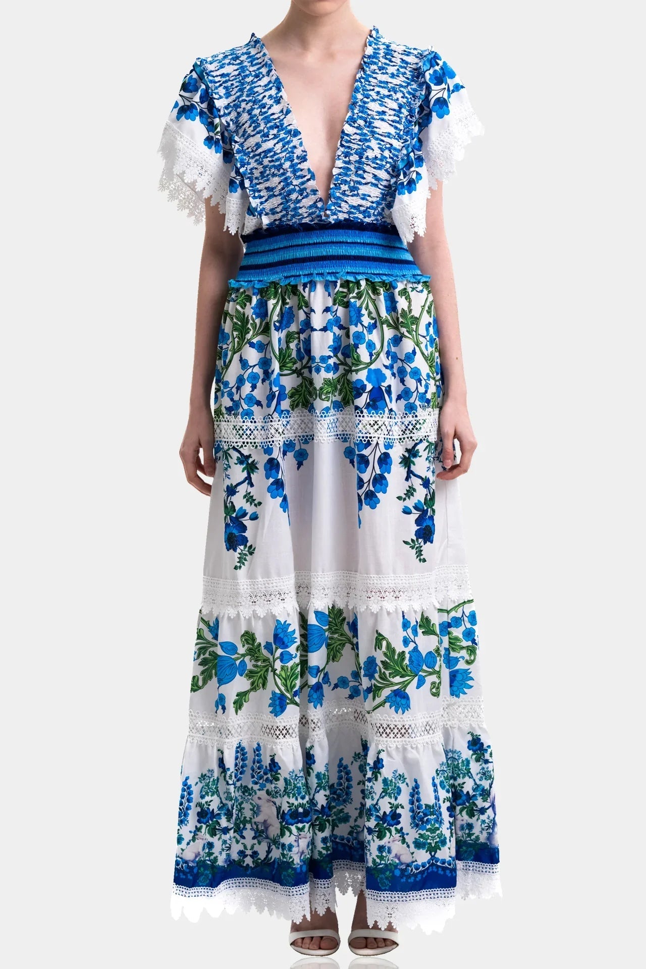 White & Blue Floral Voile Maxi Dress with Guipure Lace & Smocked Waist