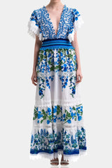 White & Blue Floral Voile Maxi Dress with Guipure Lace & Smocked Waist