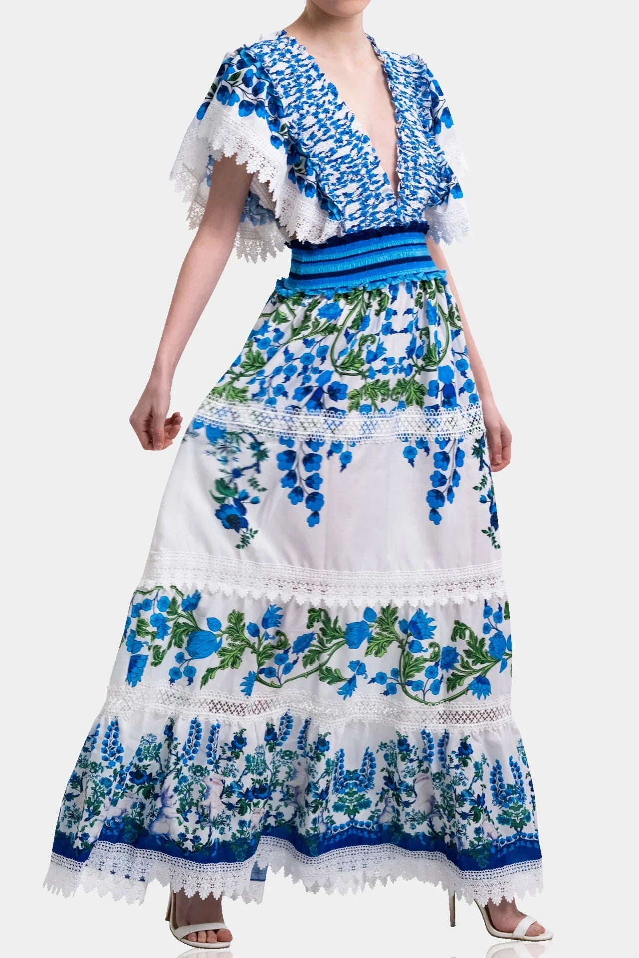 White & Blue Floral Voile Maxi Dress with Guipure Lace & Smocked Waist