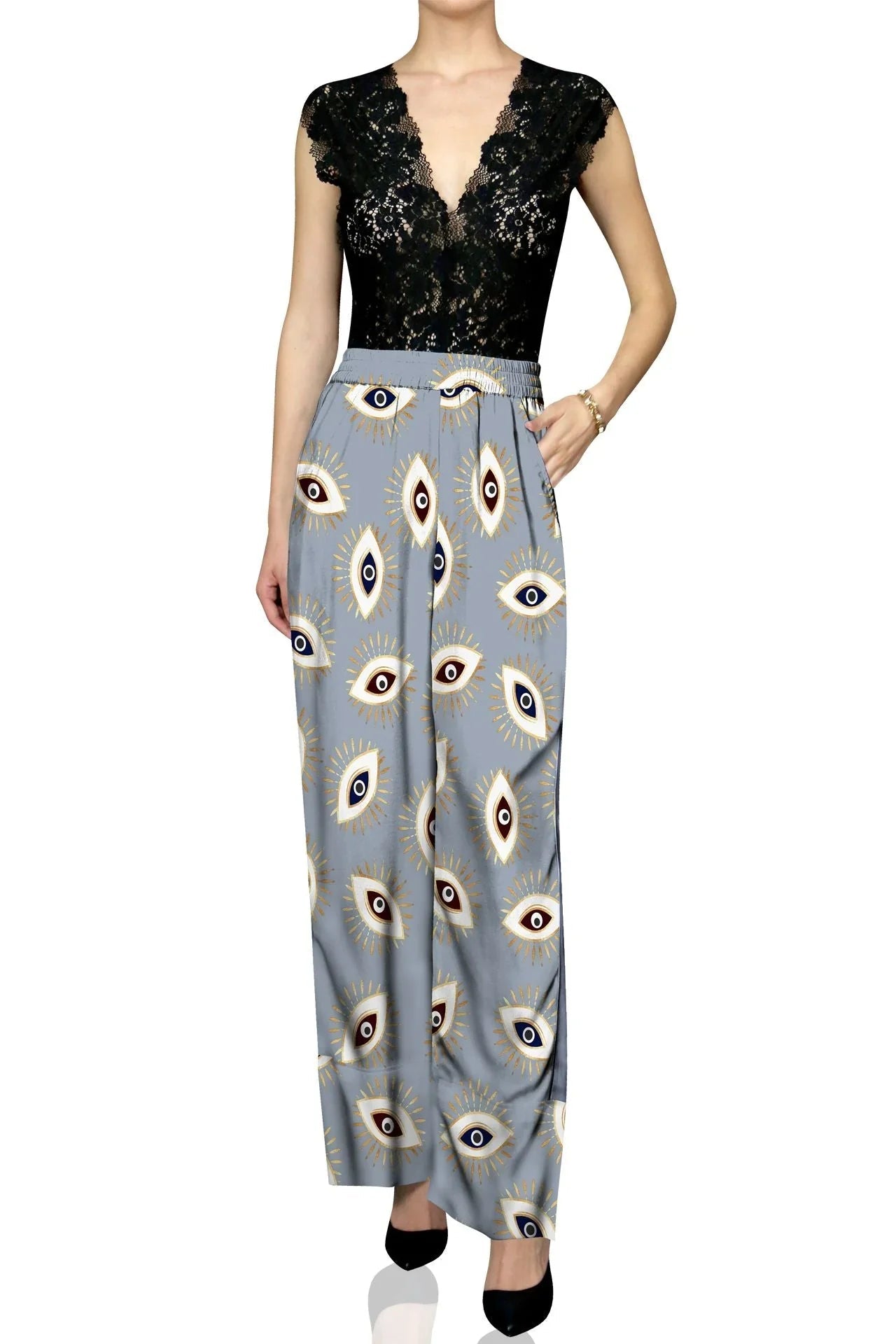 Cupro Sustainable Biodegradable Fabrics Silk Designer Pants In Evil Eye