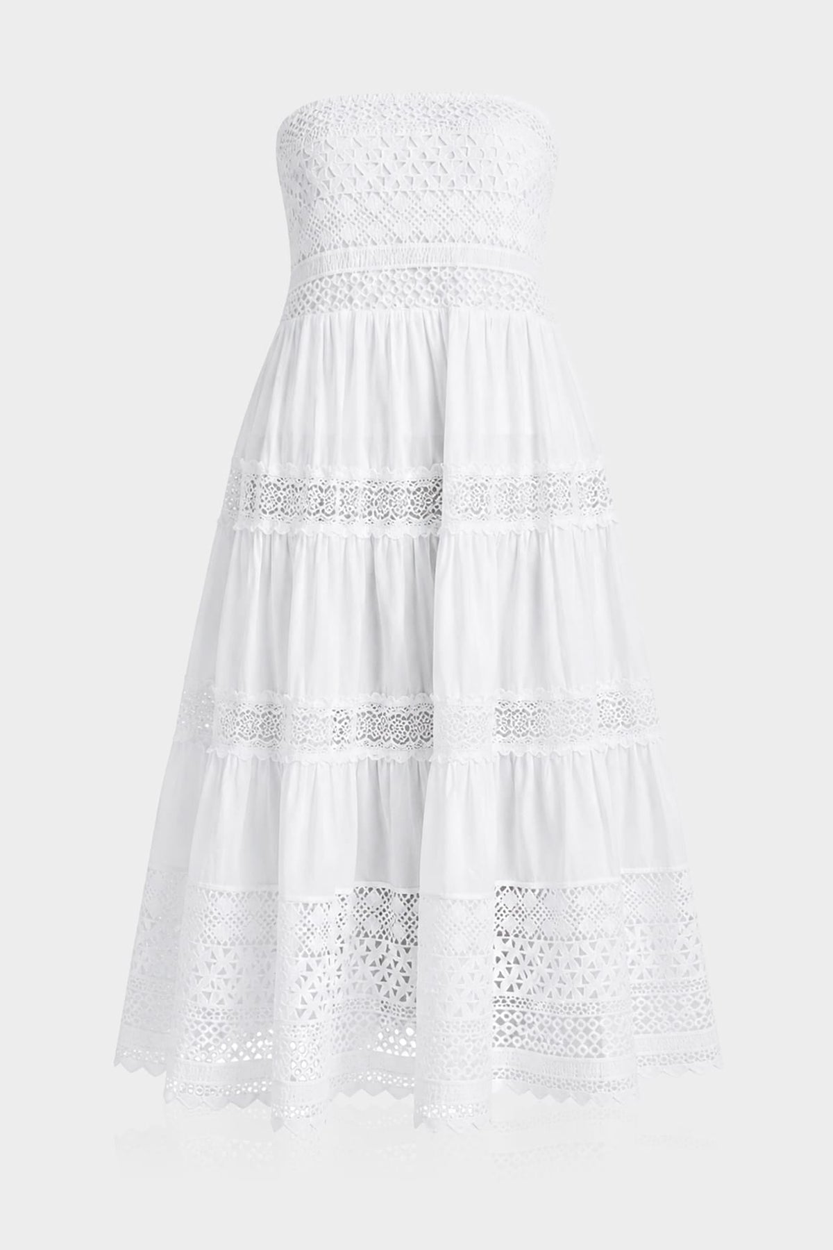 Convertible White Cotton Voile Corset Midi Dress with Guipure Lace – Off-Shoulder Tiered Skirt Dress
