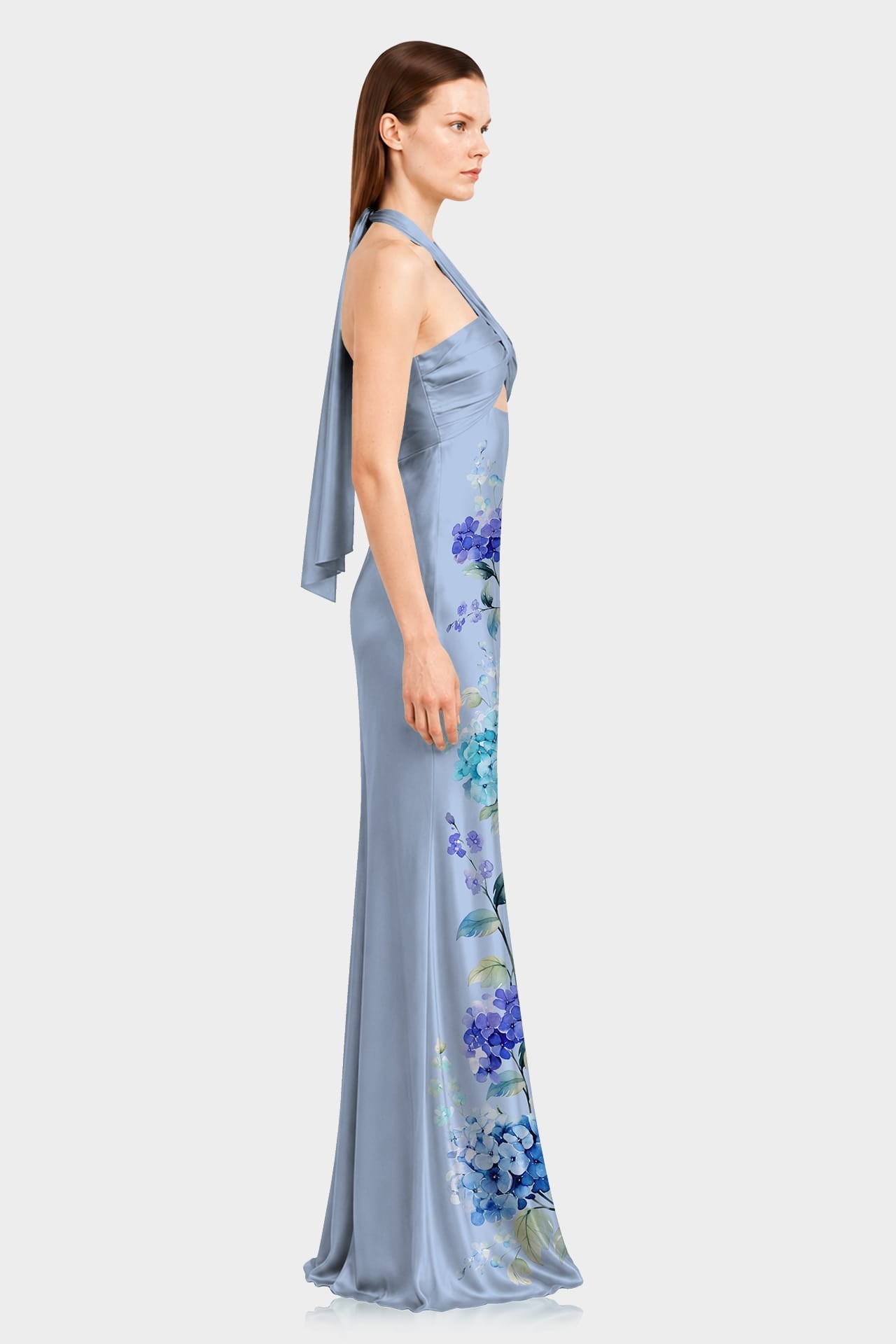 Hydrangea Print Ruched Halter Maxi Dress