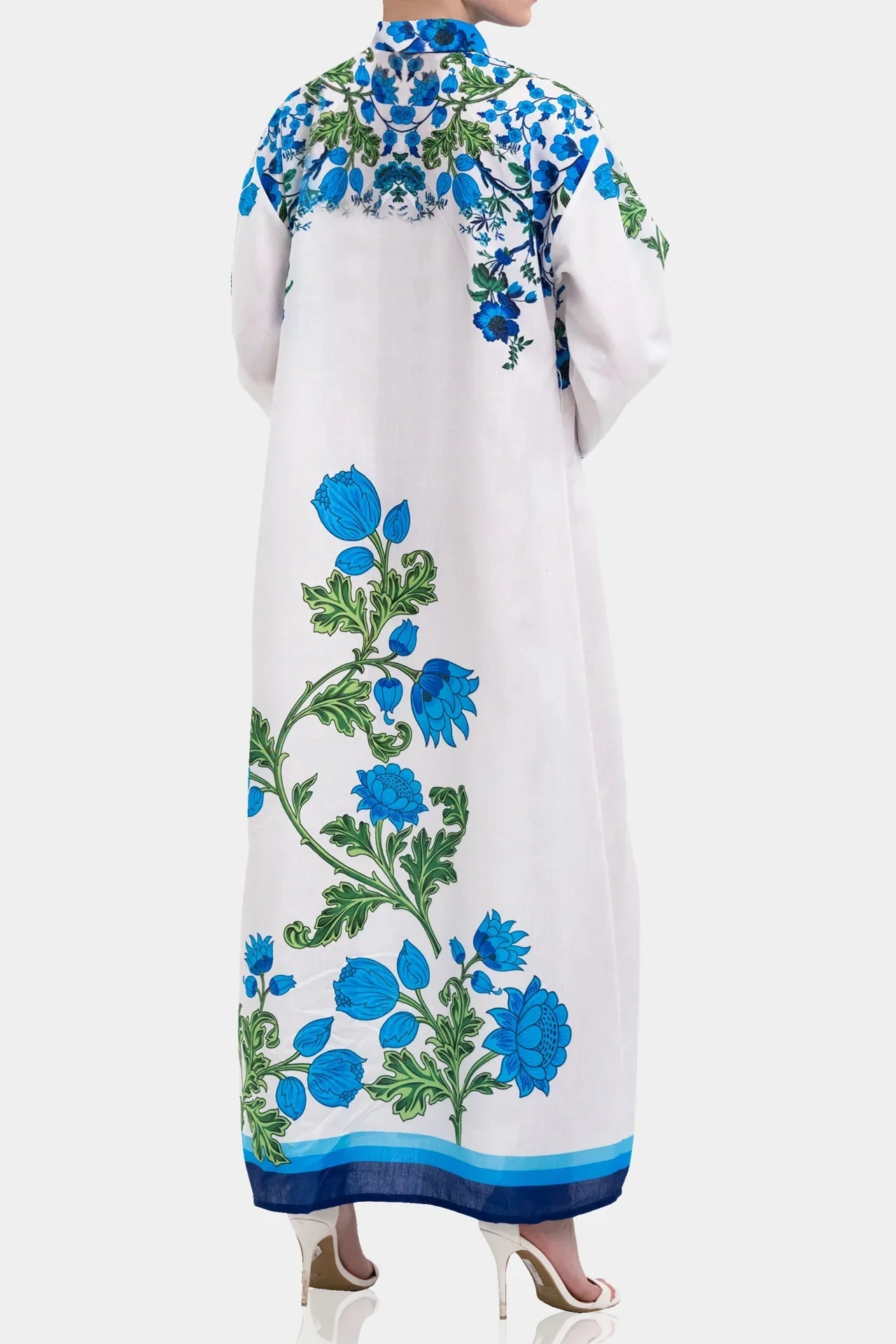 White & Blue Floral Cotton Maxi Shirt Dress with Full Sleeves