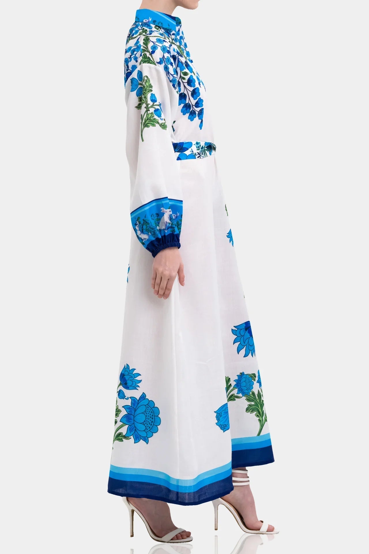 White & Blue Floral Cotton Maxi Shirt Dress with Full Sleeves