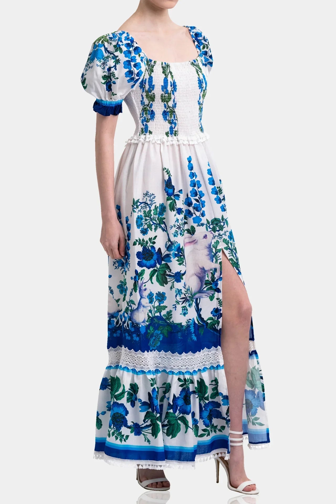 White & Blue Floral Voile Maxi Dress with Guipure Lace Trim