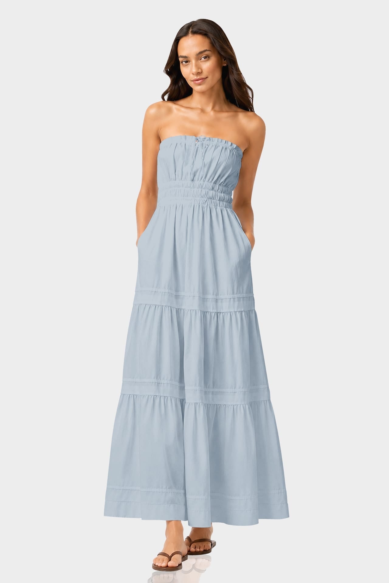 Dusty Blue Strapless Flowy Cotton Maxi Dress for Destination Weddings