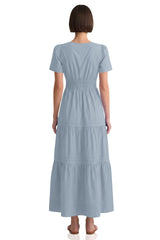 Dusty Blue Smocked Waist Cotton Tiered Maxi Dress