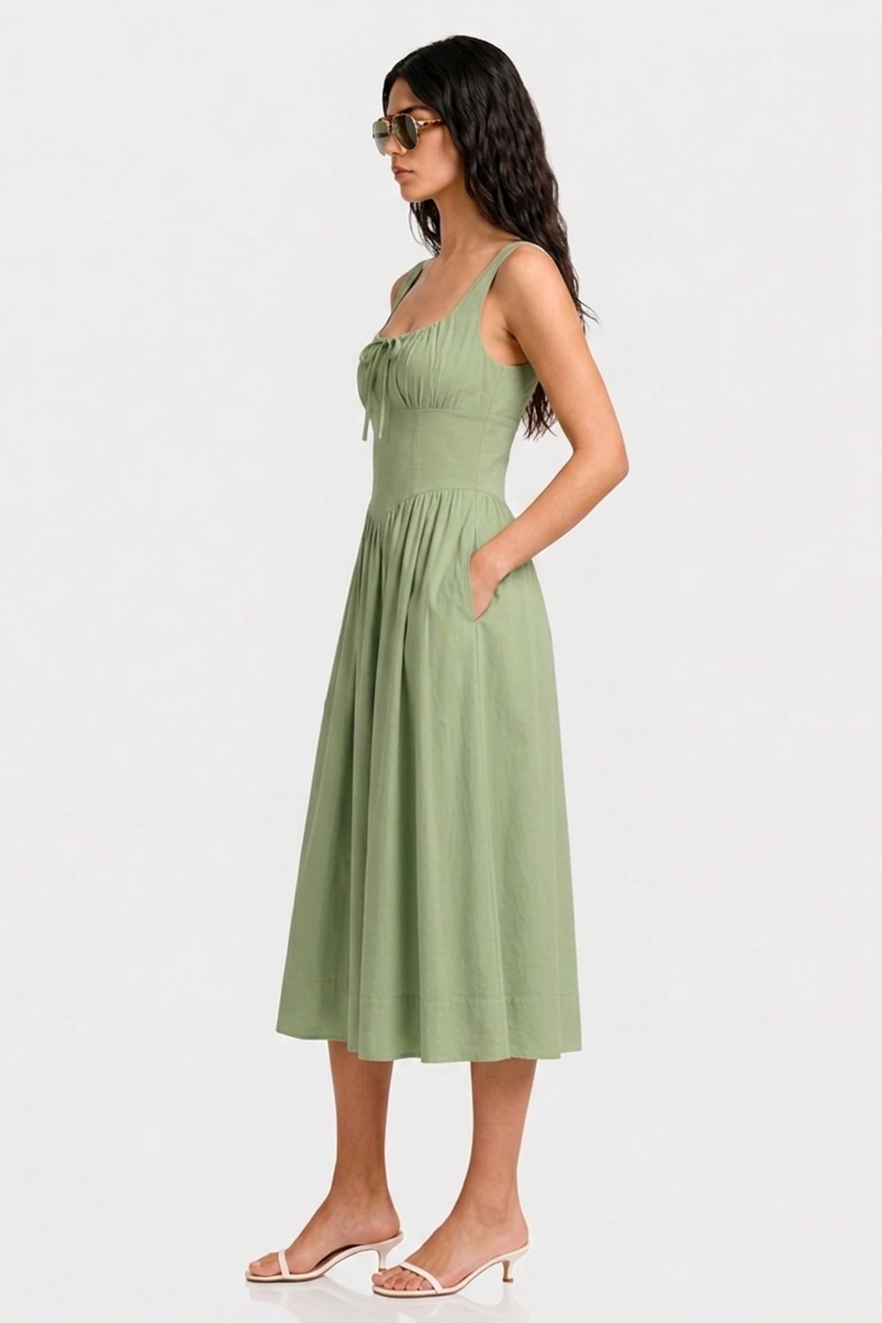 Contemporary Sage Linen Square Neck Midi Dress – Garden Party Dress for Women