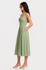 Contemporary Sage Linen Square Neck Midi Dress – Garden Party Dress for Women