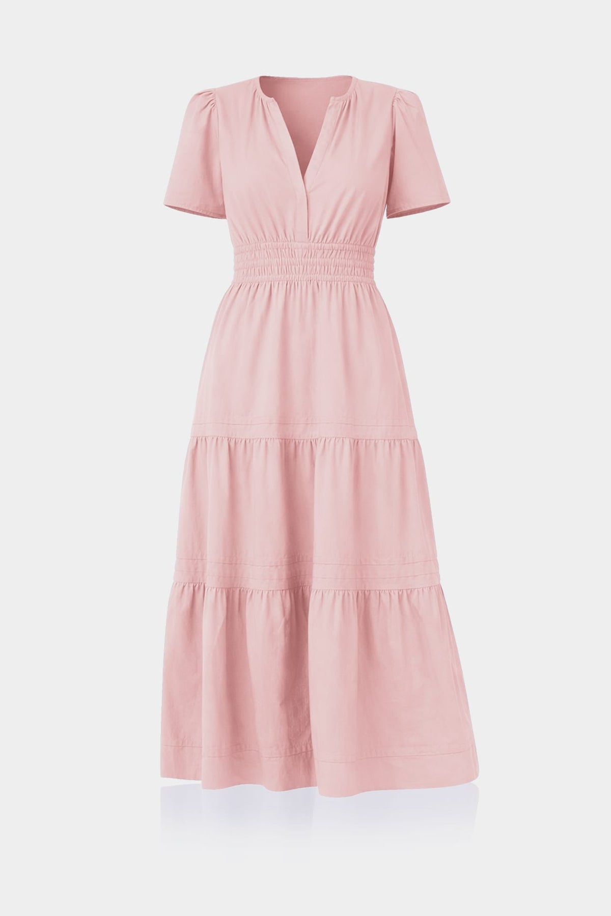 Blush Pink Smocked Waist Midi Day Dress for Women
