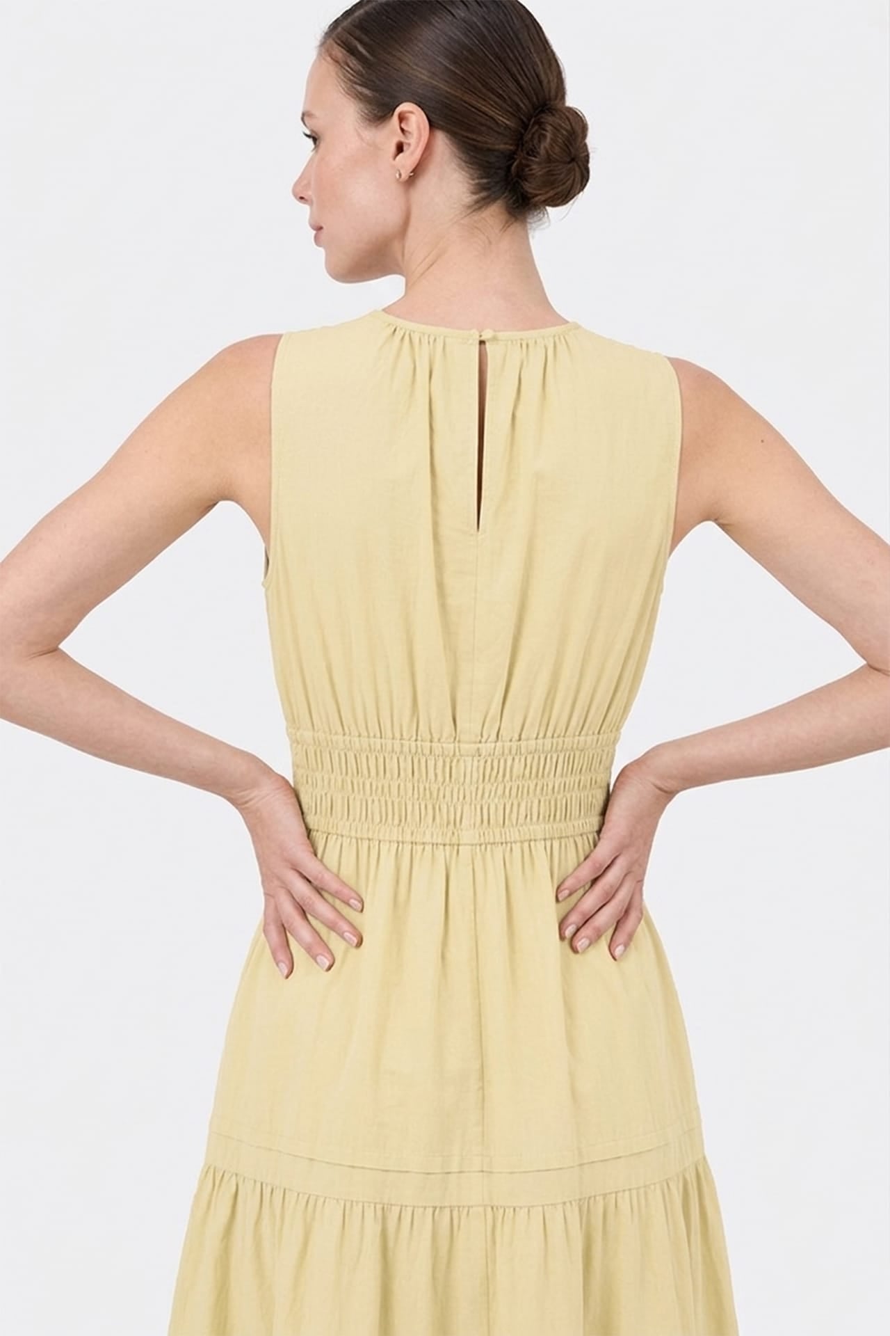 Champagne Sleeveless Cotton Poplin Midi Dress – Smocked Waist Work Dress