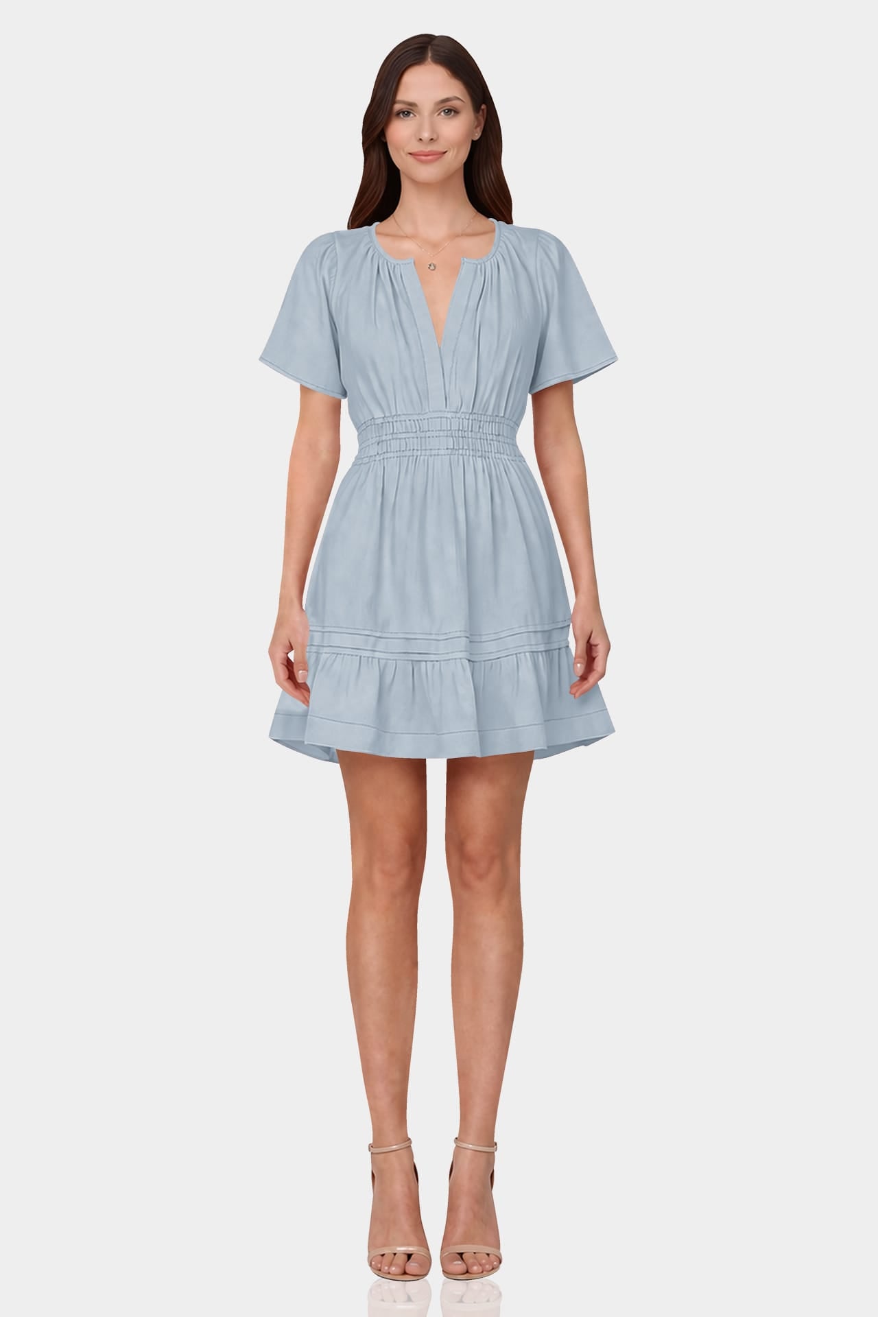 Dusty Blue Flutter Sleeve Tiered Mini Dress – Brunch Dress