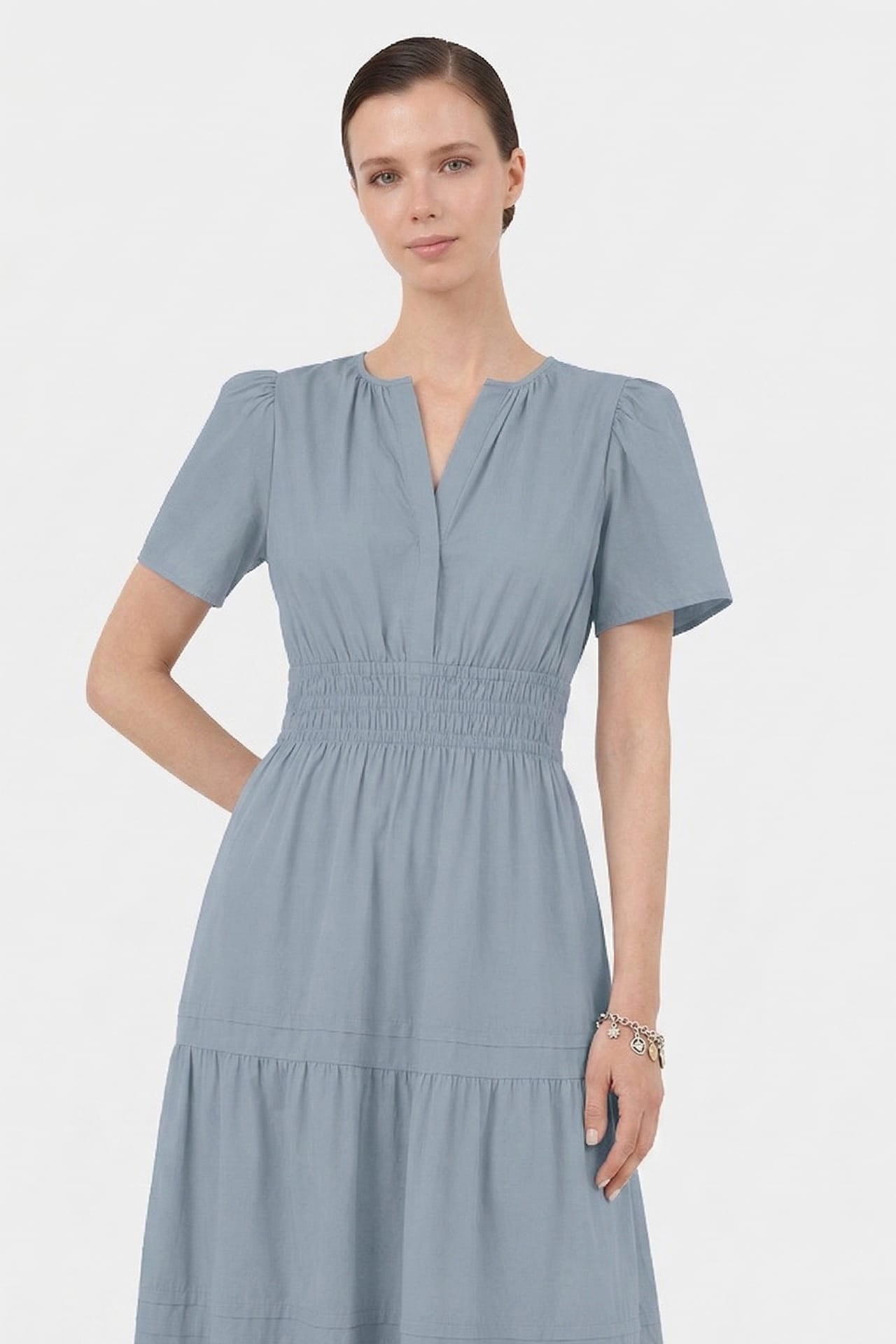 Dusty Blue Smocked Waist Cotton Midi Dress for Women – Business Casual & Everyday Wear