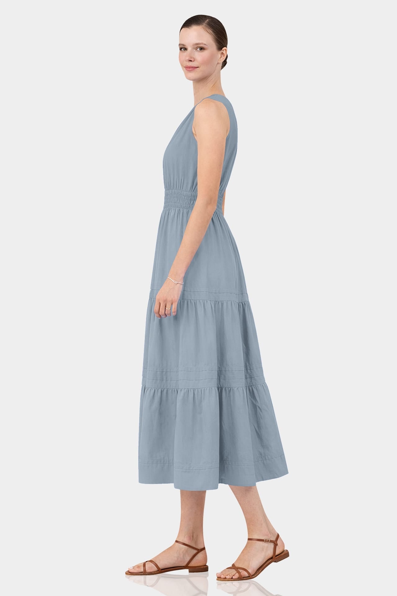 Dusty Blue Sleeveless Cotton Poplin Midi Dress – Business Casual Midi Dress