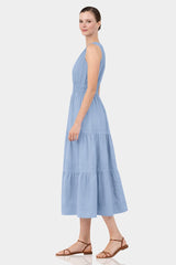 Steel Blue Cotton Poplin Midi Dress for Women – Elegant Daytime Dress