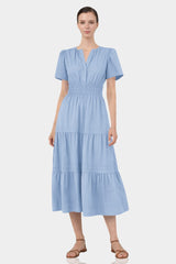 Powder Blue Smocked Waist Tiered Cotton Midi Dress for Women – Fit-and-Flare Dress