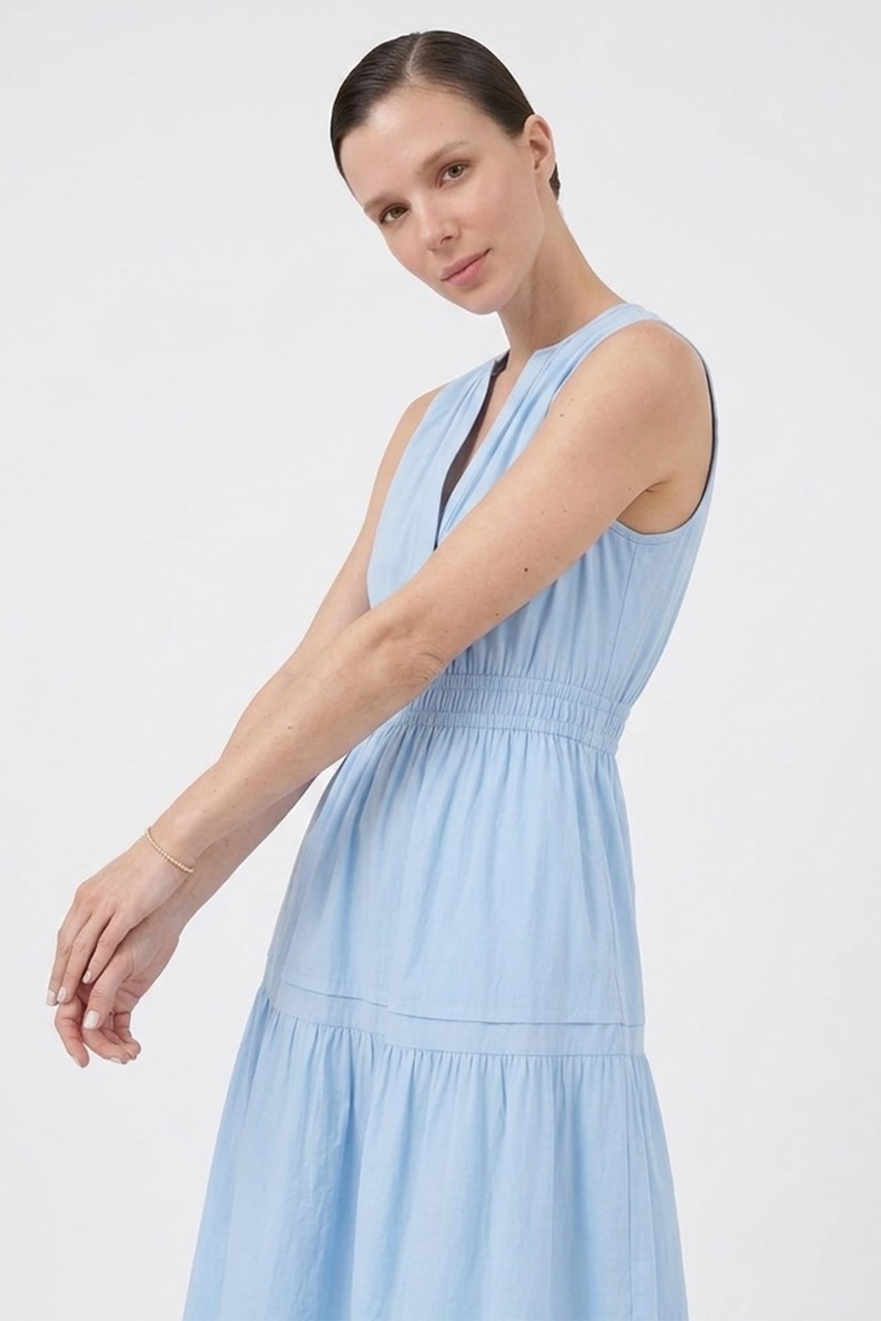 Sky Blue Smocked Waist Cotton Midi Dress for Women – Vacation Ready Midi Dress