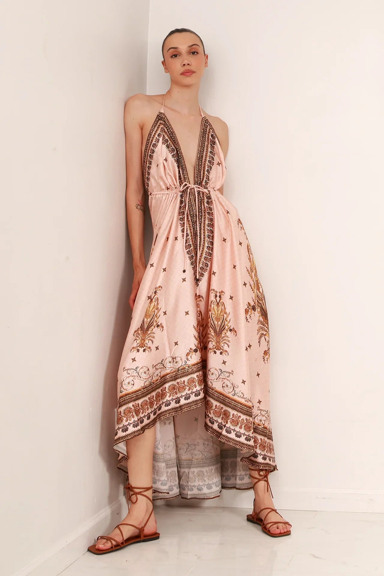 Creme Geometric Silk Scarf Maxi Dress
