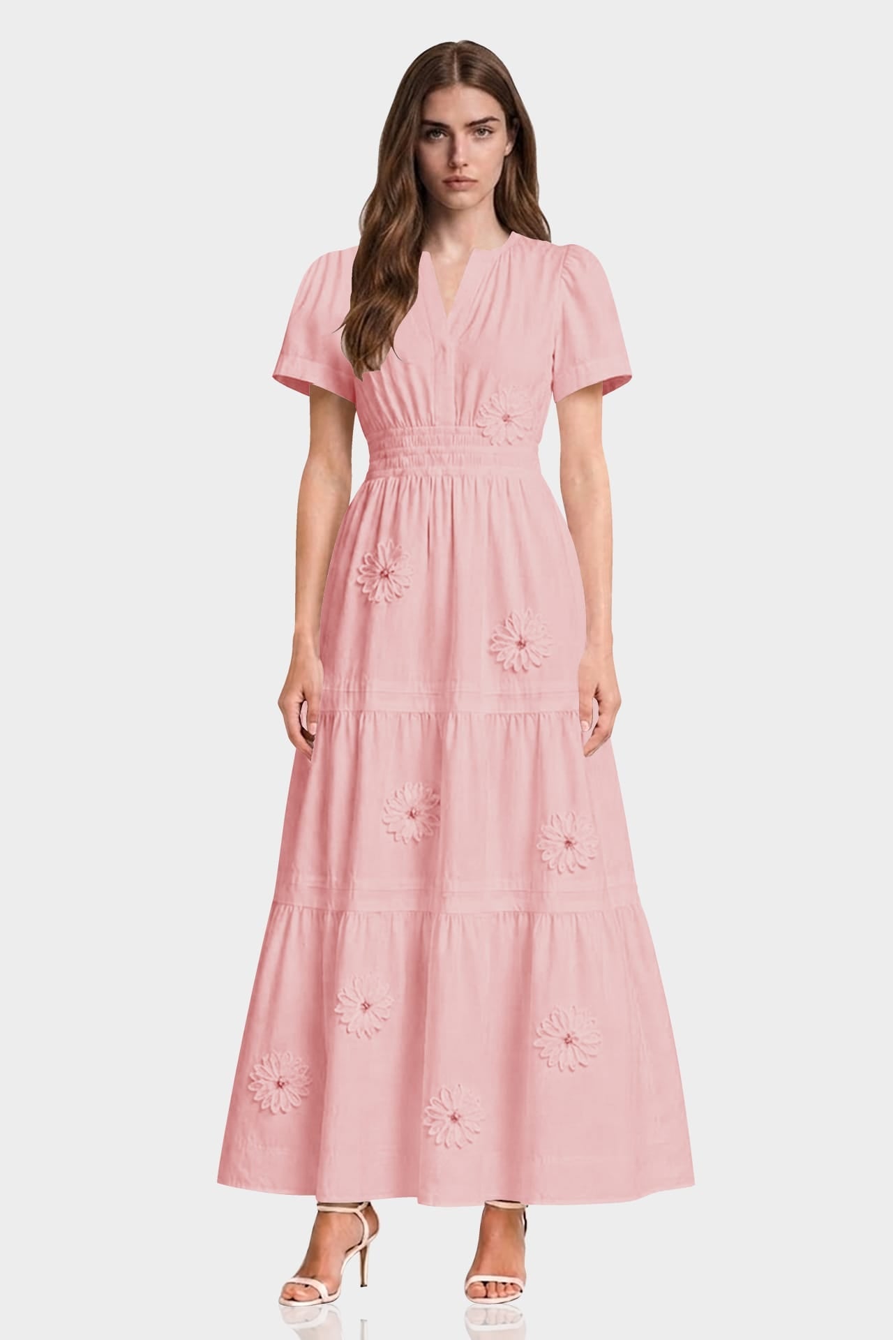 Blush Pink 3D Floral Cotton Maxi Dress for Women – Luxury Wedding Guest Dress