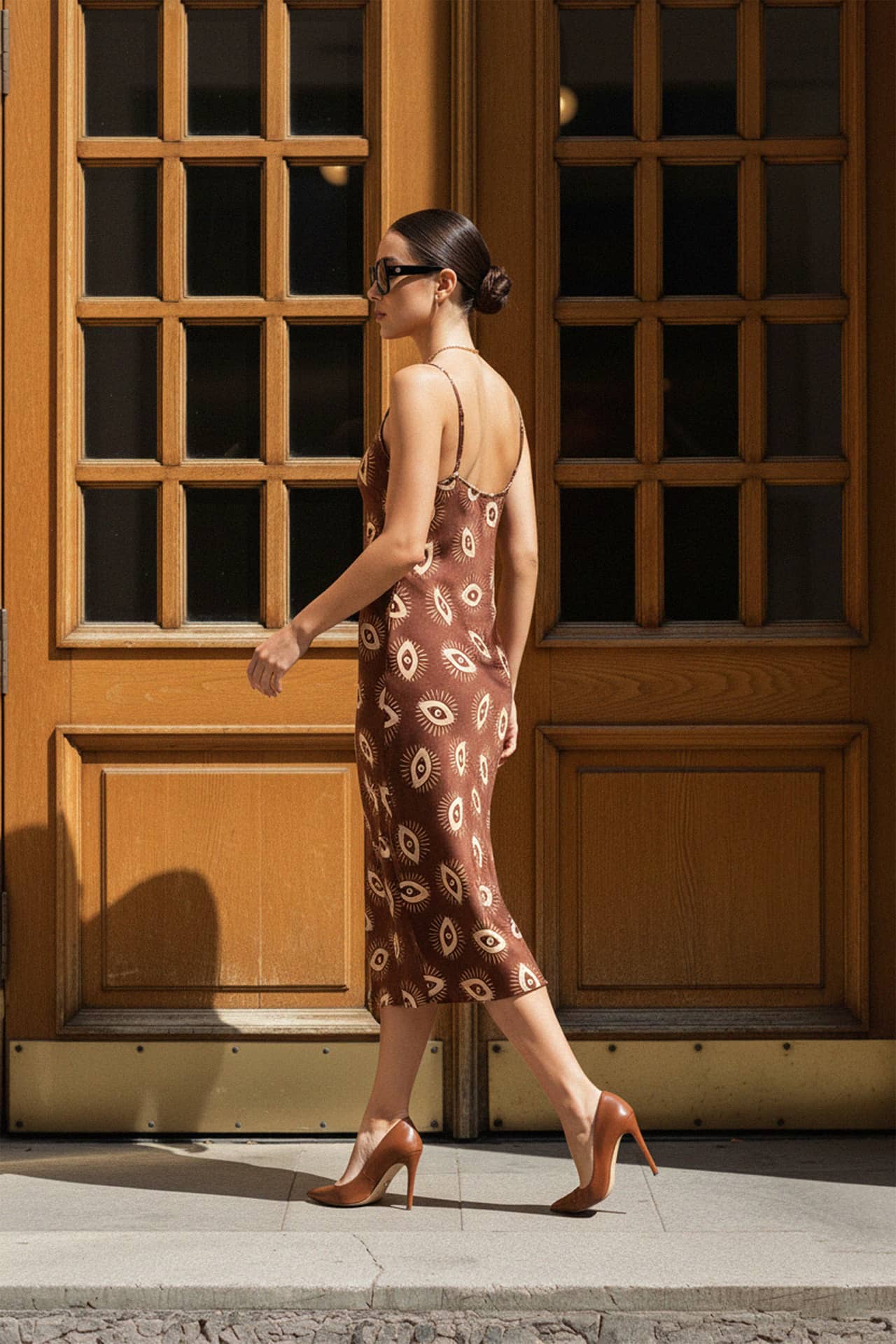 Brown Evil Eye Slip Dress in Midi Length