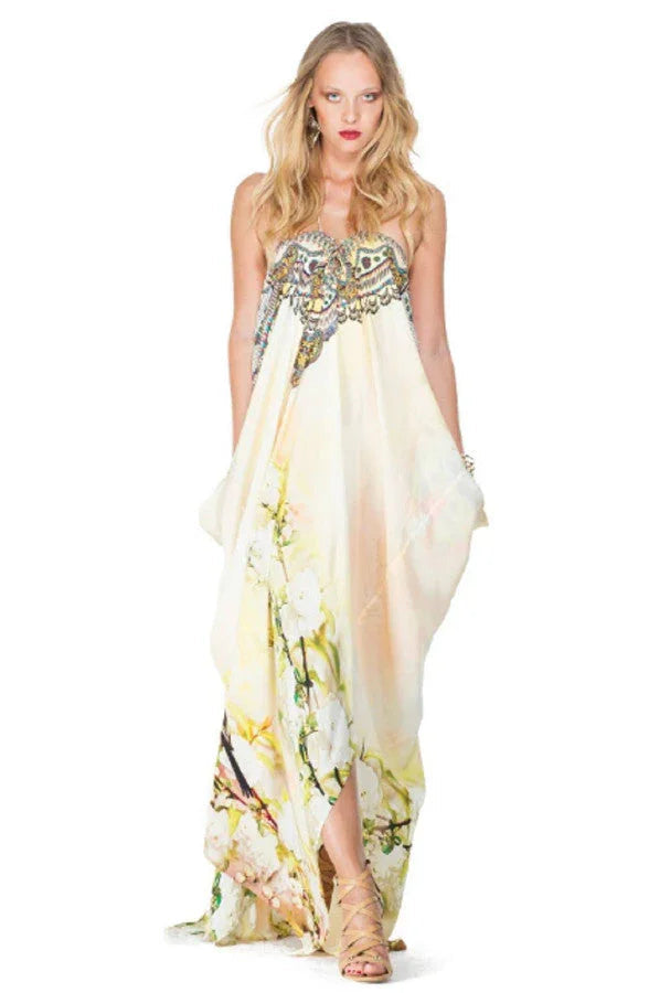 Butter Yellow Floral Print Convertible Kaftan Maxi Dress