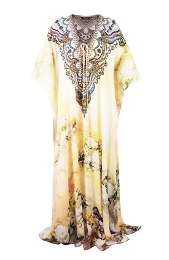 Butter Yellow Floral Print Convertible Kaftan Maxi Dress
