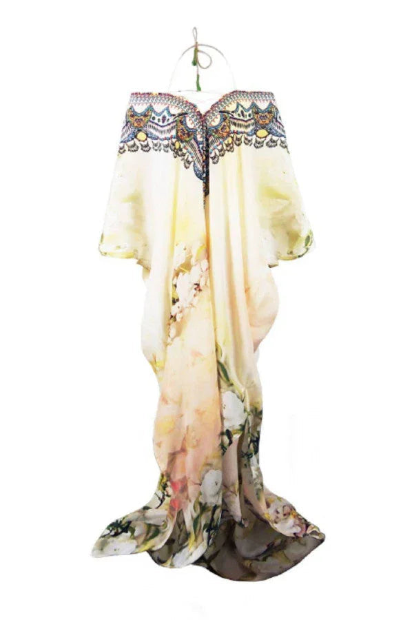 Butter Yellow Floral Print Convertible Kaftan Maxi Dress