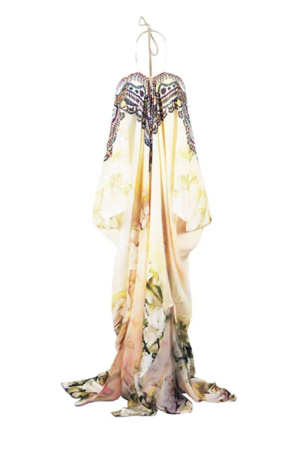 Butter Yellow Floral Print Convertible Kaftan Maxi Dress