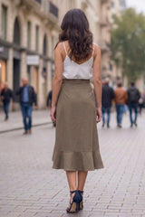 Dark Taupe High Waist Satin Wrap Skirt – Elegant Midi Ruffle Skirt