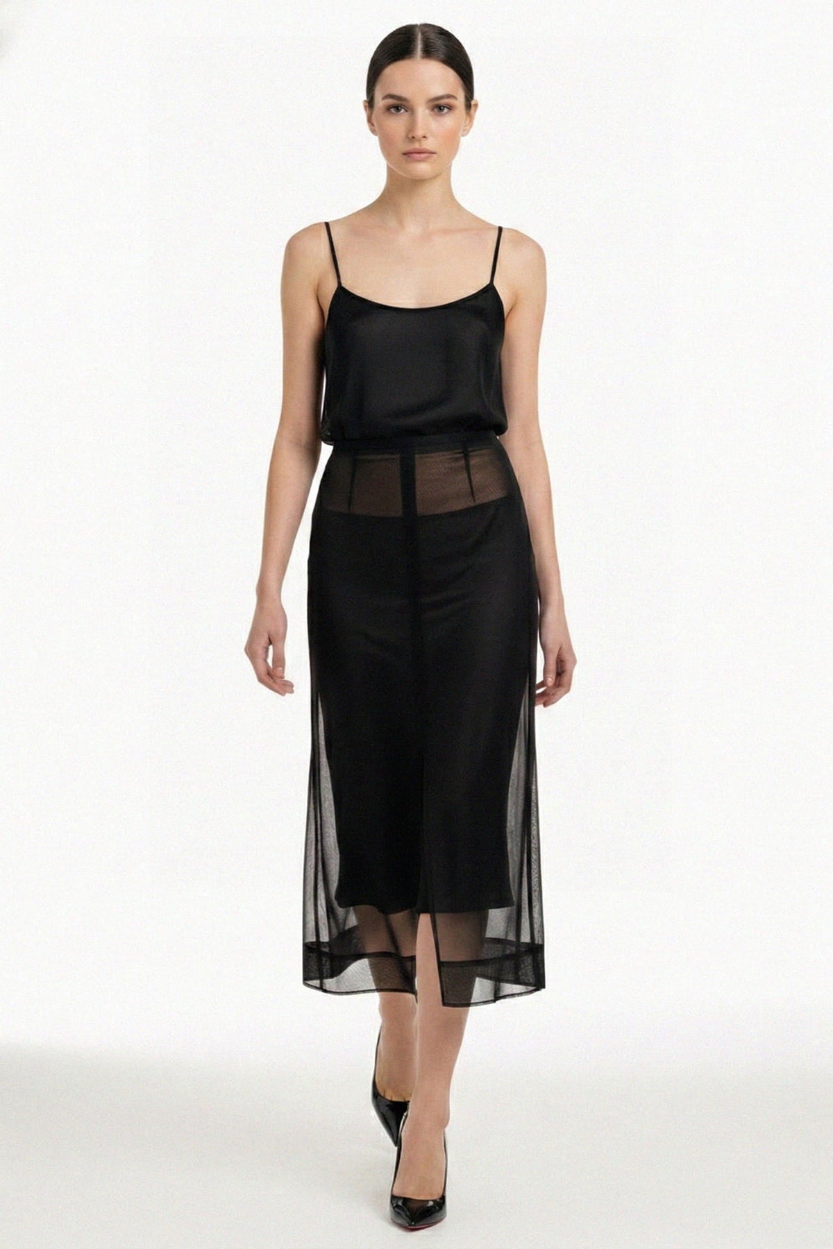 Black Sheer  Organza  Layered Midi Dress